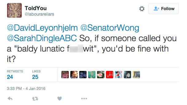 One Twitter user lashed out at the Senator, leading to the explicit language. Photo: Twitter