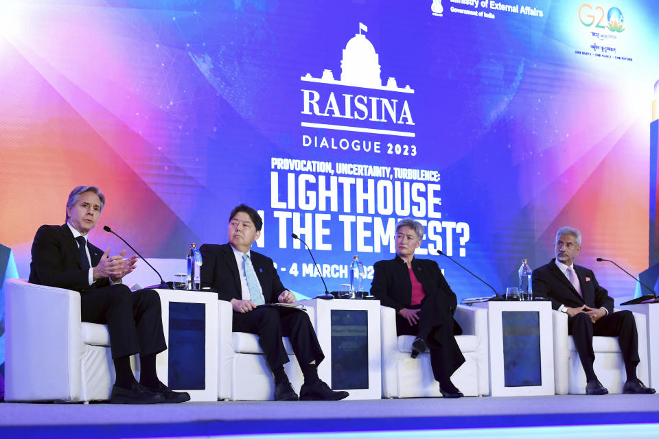 From left, U.S. Secretary of State Antony Blinken, Japanese Foreign Minister Yoshimasa Hayashi, Australian Foreign Minister Penny Wong and Indian Foreign Minister Subrahmanyam Jaishankar participate in a Quad ministers' panel at the Taj Palace Hotel in New Delhi Friday, March 3, 2023. (Olivier Douliery/Pool Photo via AP)