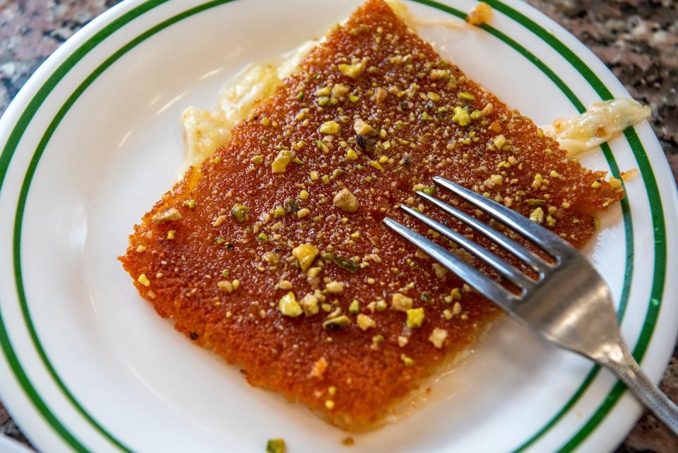 Nablus Sweets' Knafeh, a subtly sweet, orange-hued cheese-y treat popular throughout the Middle East.