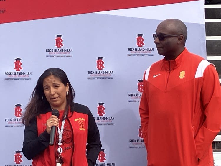 Susana Williams, head coach for Rocky’s girls’ cross-country, speaks as boys’ track & field head coach Jarrin Williams looks on Monday.