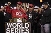 ST. LOUIS, MO - OCTOBER 30: Manager Tony La Russa (L-R) speaks to fans as Octavio Dotel and Albert Pujols of the St. Louis Cardinals look on during a ceremony celebrating the team's 11th World Series championship October 30, 2011 at Busch Stadium in St. Louis, Missouri. (Photo by Whitney Curtis/Getty Images)