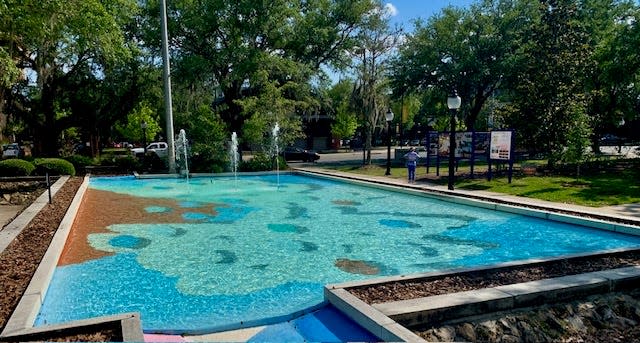 The pools in front of Gainesville City Hall, pictured in 2022, were repainted with bright colors.