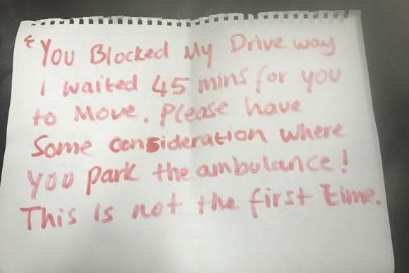 An angry note left on the ambulance's windscreen as crews responded to an emergency: East Midlands Ambulance Service