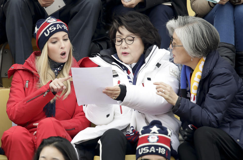 <p>Ivanka Trump, left, talks with Kim Jung-sook, wife of the South Korean President and South Korean Foreign Minister Kang Kyung-wha, right, during the men’s Big Air snowboard competition at the 2018 Winter Olympics in Pyeongchang, South Korea, Saturday, Feb. 24, 2018. (AP Photo/Dmitri Lovetsky) </p>