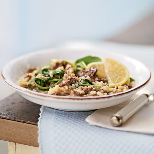 Risotto with Italian Sausage, Caramelized Onions, and Bitter Greens