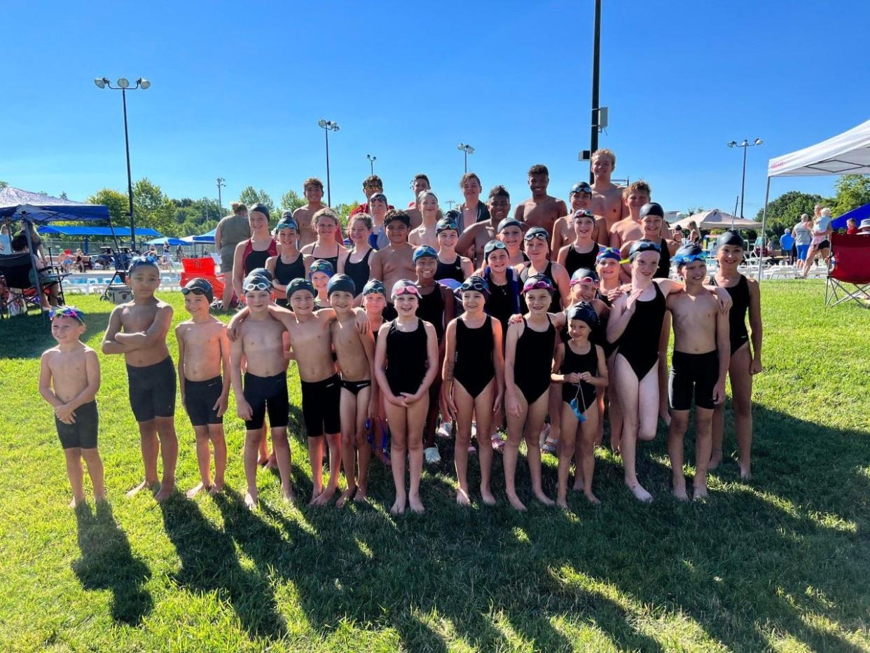 Pictured are the winning swimmers: (back row, from left): Alec Adams, Jayce Hay, Garrett Wall, Harrison Tyner, Ashton Walker and Alex Apetroaei; (second row): Sophia Smith, Noah Carveth, Avery Walker, Alex Roa-Garcia and Christopher Fritz; (third row): Emerson Gruber, Karis Beaton, June Brooks, Andie Eby, Garren Hoskins, Grace DePlama, Bailey Fritz, Tessa Nowitzke and Leighton Ely; (fourth row): Cameron Krueger, Finley Ruszczyk, Raeya Beaton, Nola Molter, Ava Dowen, Marilyn Tyner, Lillian Reed,  Cora Fritz, Sophia Mason, Carter Holliday and Phoebe Kopke, and (bottom row): Graham Fritz, Jacob Krueger, Evan Hawkins, Miles Nowitzke, Xavier Ely, Evan Dowen, Natalie Nowitzke, Kylen Gillsey, Ellie Jondro and Emma Reed.