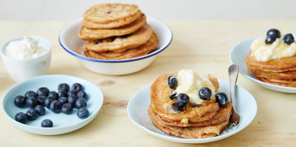 These delicious turmeric and blueberry pancakes go well with rice malt syrup. Source: I Quit Sugar/Hannah Fong