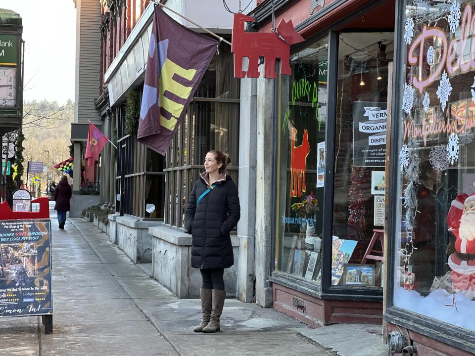 Katie Trautz, executive director of Montpelier Alive, on the streets of Montpelier Dec. 15, 2023. Her organization was instrumental helping downtown businesses get resources and reopen following devastating flooding from July 2023.