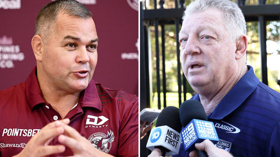 Pictured left to right, Manly coach Anthony Seibold and Bulldogs supremo Phil Gould.