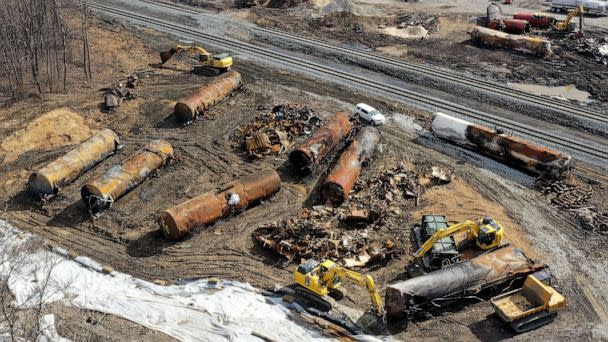 PHOTO: A view of the scene in East Palestine, Ohio, on Feb. 24, 2023, as cleanup continues at the site of a Norfolk Southern freight train derailment that happened on Feb. 3. (Matt Freed/AP)