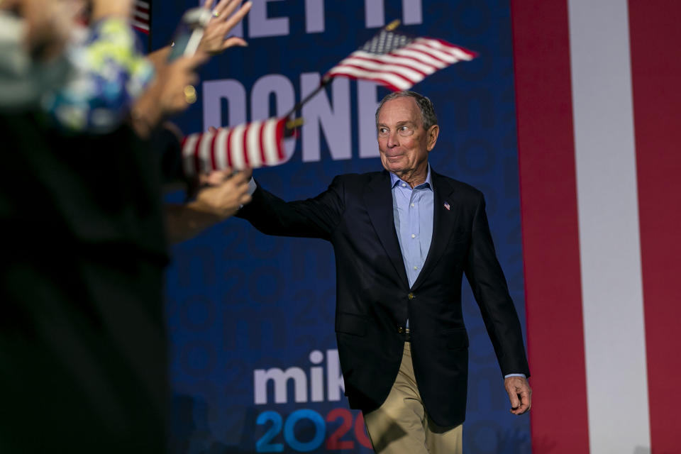 Democratic presidential candidate Mike Bloomberg waves to supporters as he arrives to his campaign rally at the Palm Beach County Convention Center in West Palm Beach, Fla., on Tuesday, March 3, 2020. (Matias J. Ocner/Miami Herald/Tribune News Service via Getty Images)