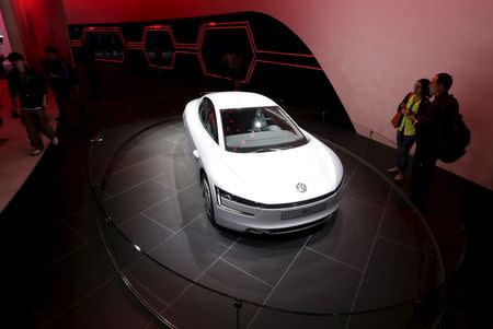 A Volkswagen XL1 hybrid car is displayed at Auto China 2014 in Beijing, in this April 20, 2014 file picture. REUTERS/Jason Lee/Files