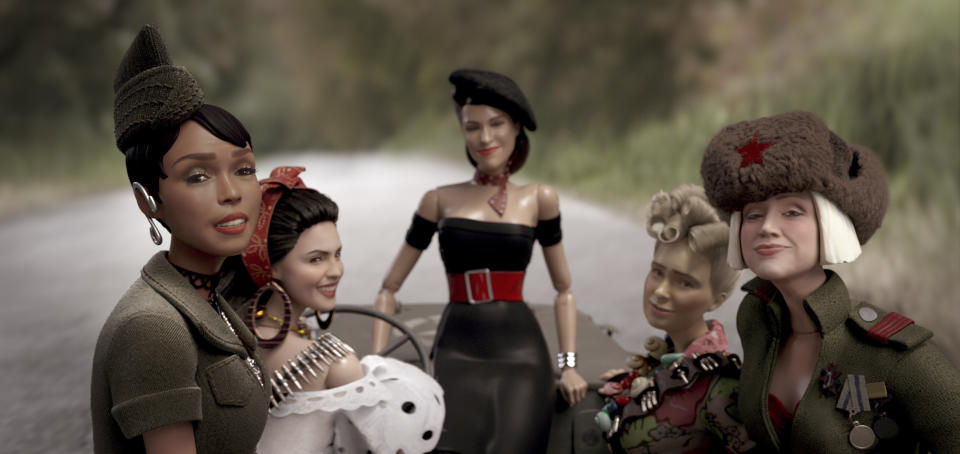 This image released by Universal Pictures shows the dolls of Marwen, from left, GI Julie, voiced by Janelle Monáe, Carlala, voiced by Eiza Gonzalez, Suzette, voiced by Leslie Zemeckis, Roberta, voiced by Merritt Wever and Anna, voiced by Gwendoline Christie, in “Welcome to Marwen.” (Ed Araquel/Universal Pictures via AP)