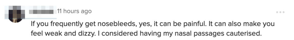 Comment on social media about the discomfort of frequent nosebleeds and considering nasal cauterization