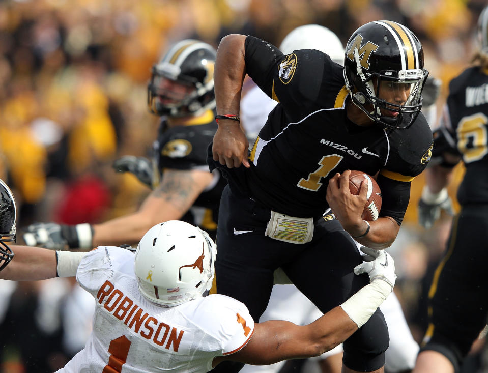 COLUMBIA, MO - NOVEMBER 12: Quarterback James Franklin #1 of the Missouri Tigers scrambles during the game against the Texas Longhorns on November 12, 2011 at Faurot Field/Memorial Stadium in Columbia, Missouri. (Photo by Jamie Squire/Getty Images)