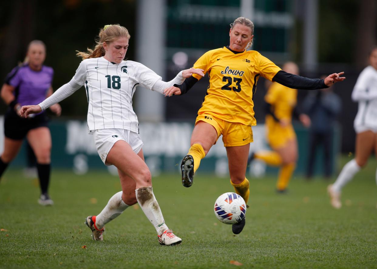 Michigan State's Justina Gaynor, left, shown in a game last season against Iowa, scored the game-winning goal in the Spartans' 2-1 season-opening win over Notre Dame on Thursday night.