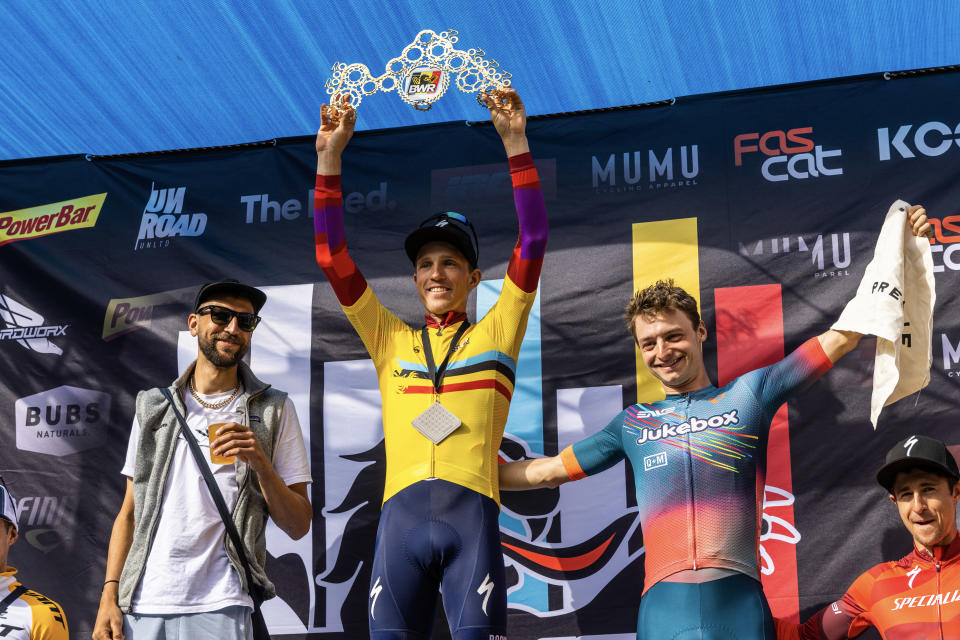 Russell Finsterwald on the top step as men's winner of Waffle course at 2023 BWR California