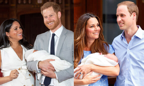 New parents Meghan Markle and Prince Harry on Wednesday, left, and Kate Middleton and Prince William in 2013. Photo: Getty Images