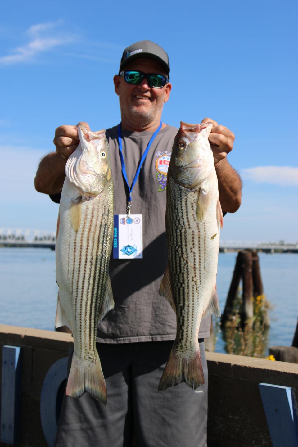 Wolt Kamp, one of the 250 anglers who participated in this Rio Vista Bass Derby, holds up his limit of striped bass caught on the Sacramento-San Joaquin River Delta.