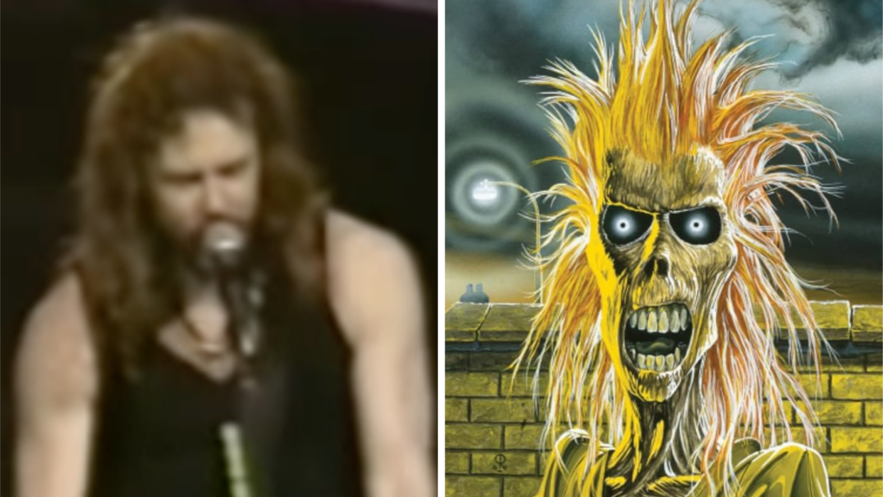  Footage of Metallica performing live in 1992 and a photo of Iron Maiden's debut album. 