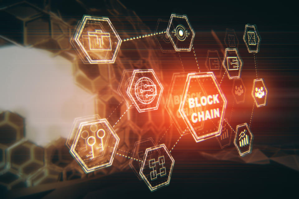 Design of hexagons with block chain prominently featured in the center.