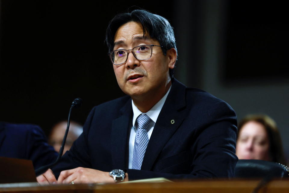 Acting Comptroller of the Currency Michael Hsu testifies before a Senate Banking, Housing and Urban Affairs Committee hearing in the wake of recent bank failures, on Capitol Hill in Washington, US, May 18, 2023. REUTERS/Evelyn Hockstein