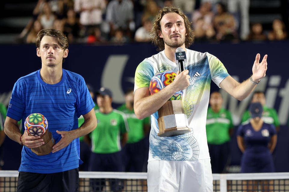 SAN JOSÉ DEL CABO, MEXICO - AUGUST 05: Stefanos Tsitsipas of Greece addresses the crowd after defeating Alex De Minaur of Australia during the final of the Mifel Tennis Open by Telcel Oppo at Cabo Sports Complex on August 05, 2023 in San José del Cabo, Mexico. (Photo by Matthew Stockman/Getty Images)