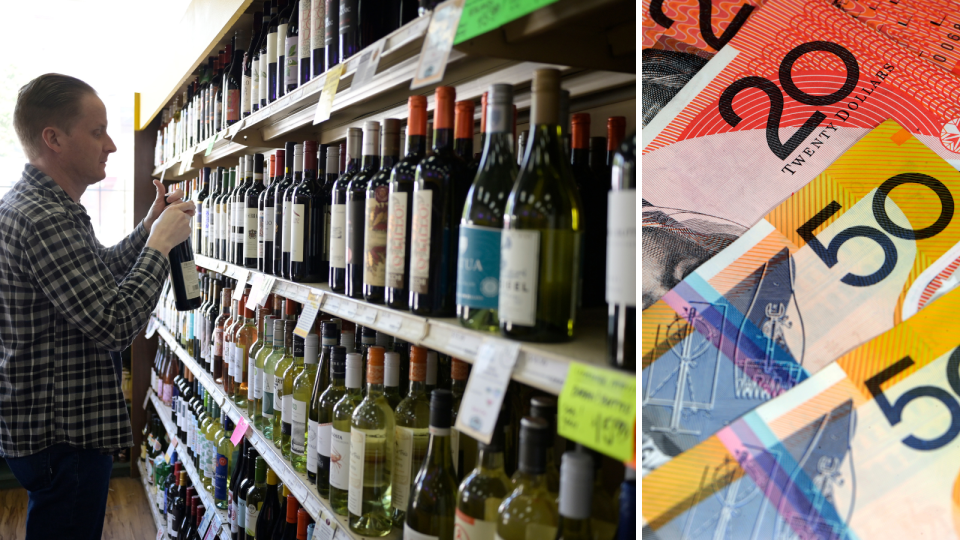 A composite image of a man stacking a shelf to display wine and Australian money.