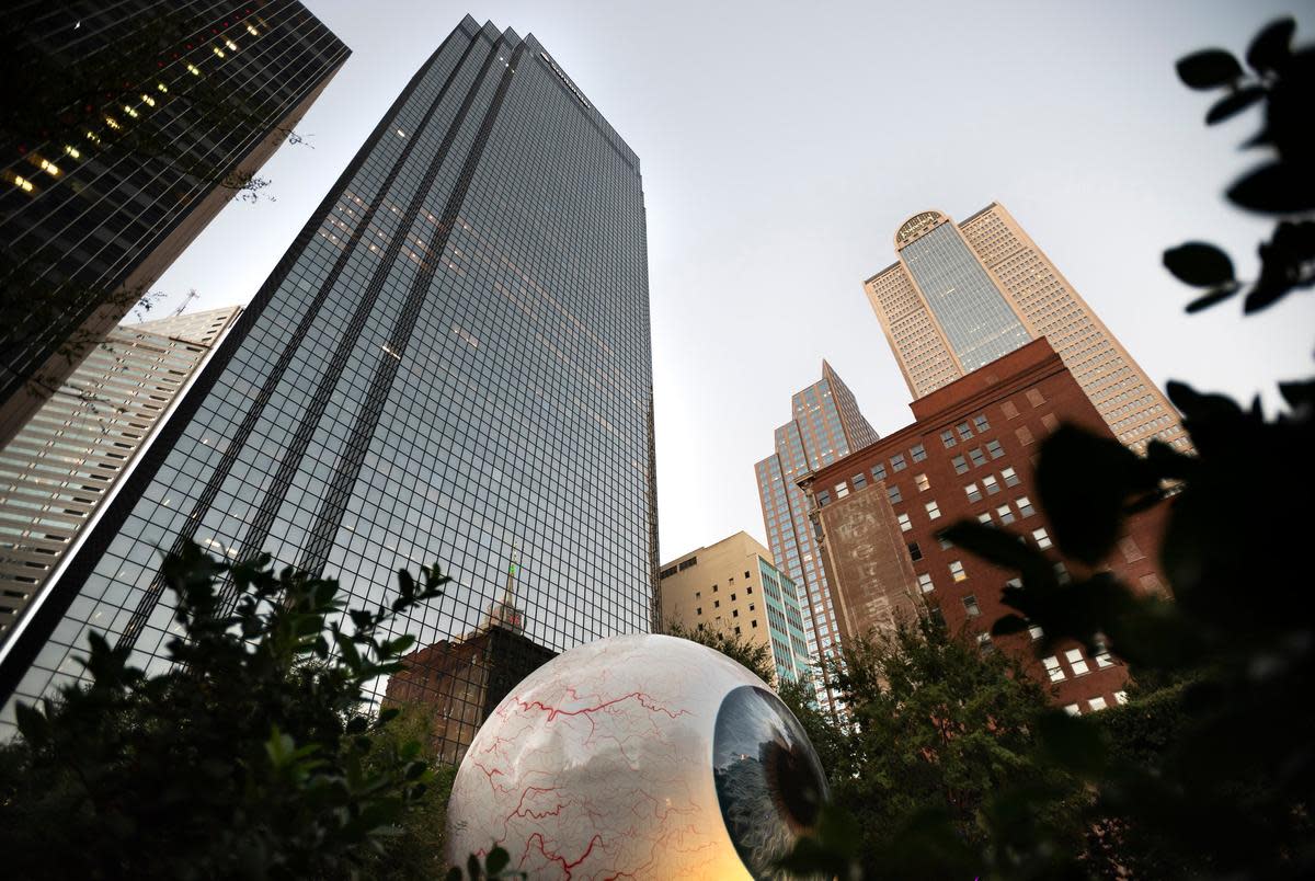 The Santander Tower in downtown Dallas, on Nov. 07, 2023. Texas metros have a glut of vacant offices space driven by the rise of remote work, overbuilding and other factors during the pandemic. One option companies are doing to combat the changes, is to convert office space into residential housing.