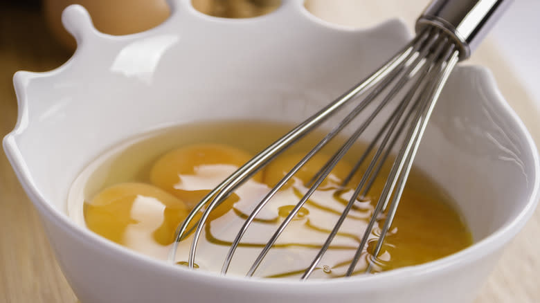 Bowl of eggs and whisk