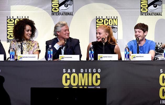Nathalie Emmanuel, Conleth Hill, Sophie Turner, and Iwan Rheon speaking at the Game Of Thrones panel during Comic-Con. Source: Getty