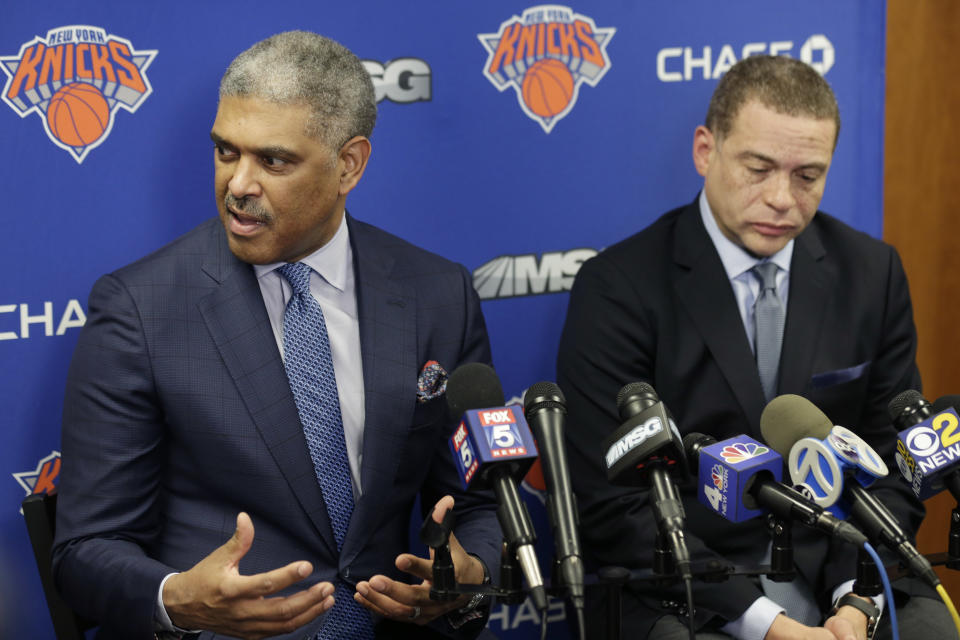 Knicks president Steve Mills and general manager Scott Perry have decided to try a bold strategy: behaving like a normal NBA team. (AP)