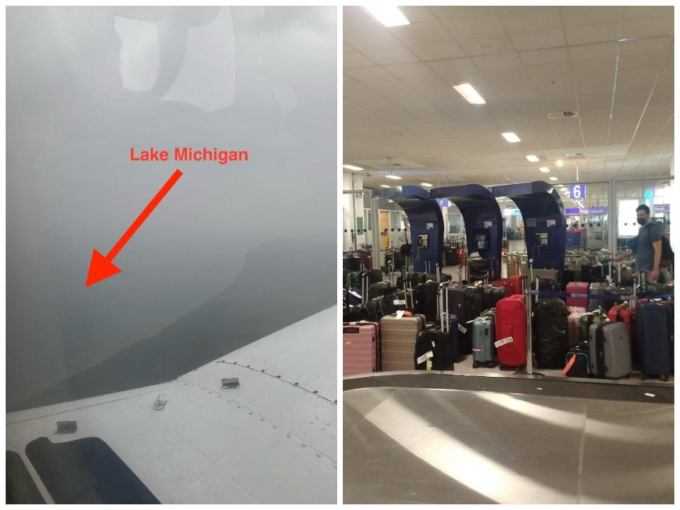 Flying over the Michigan shoreline heading into the thunderstorm (left) and lost baggage piling up at the Athens airport (right).