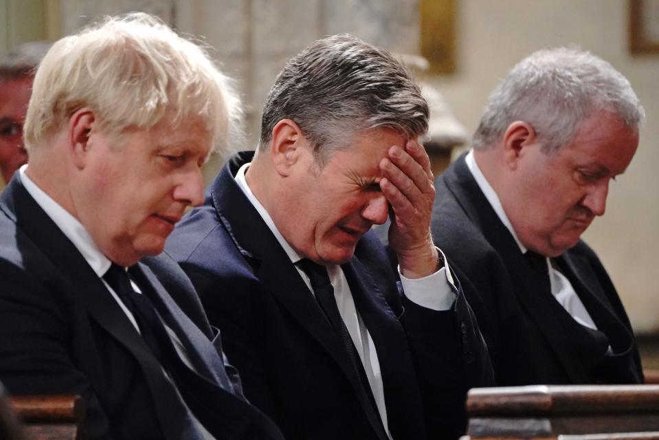 Prime Minister Boris Johnson, Labour Party leader Sir Keir Starmer and SNP Wesminster leader Ian Blackford attend a service to honour Sir David Amess at the Church of St Margaret, in the grounds of Westminster Abbey (PA)