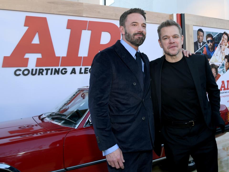 Ben Affleck and Matt Damon smile at the "Air" premiere