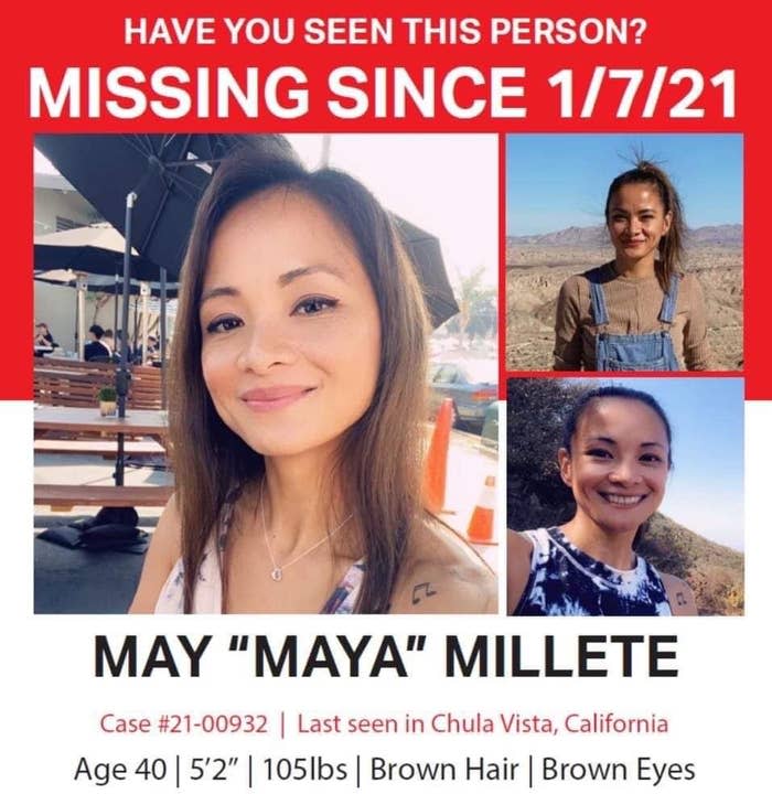 A missing person flyer shows May "Maya" Millete, with a smiling woman wearing tie-dye and overalls in different embedded images, and her characteristics listed as age 40, 5 foot 2, 105 pounds, brown hair, brown eyes, missing since January 7, 2021