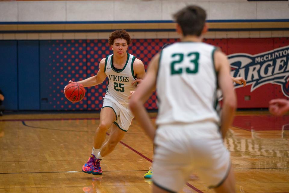 Elijah Saunders of Sunnyslope High School dribbles the ball across the court in a game against Desert Vista High School in the MLK Dream Classic, hosted at McClintock High School in Tempe on Jan. 17, 2022.