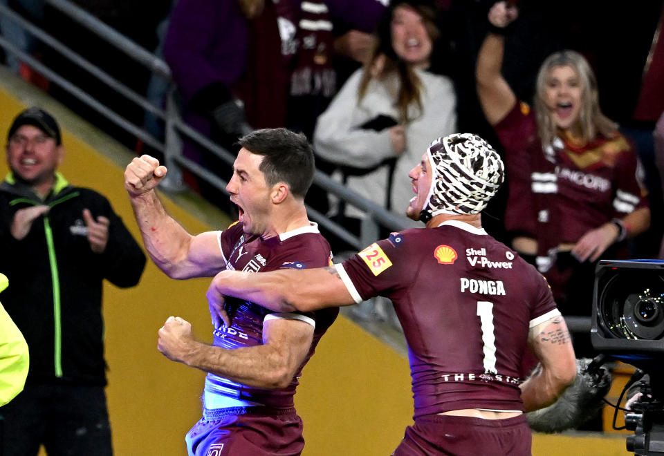 BRISBANE, AUSTRALIA - JULY 13: Ben Hunt of Queensland celebrates after scoring the match winning try after game three of the State of Origin Series between the Queensland Maroons and the New South Wales Blues at Suncorp Stadium on July 13, 2022, in Brisbane, Australia. (Photo by Bradley Kanaris/Getty Images)