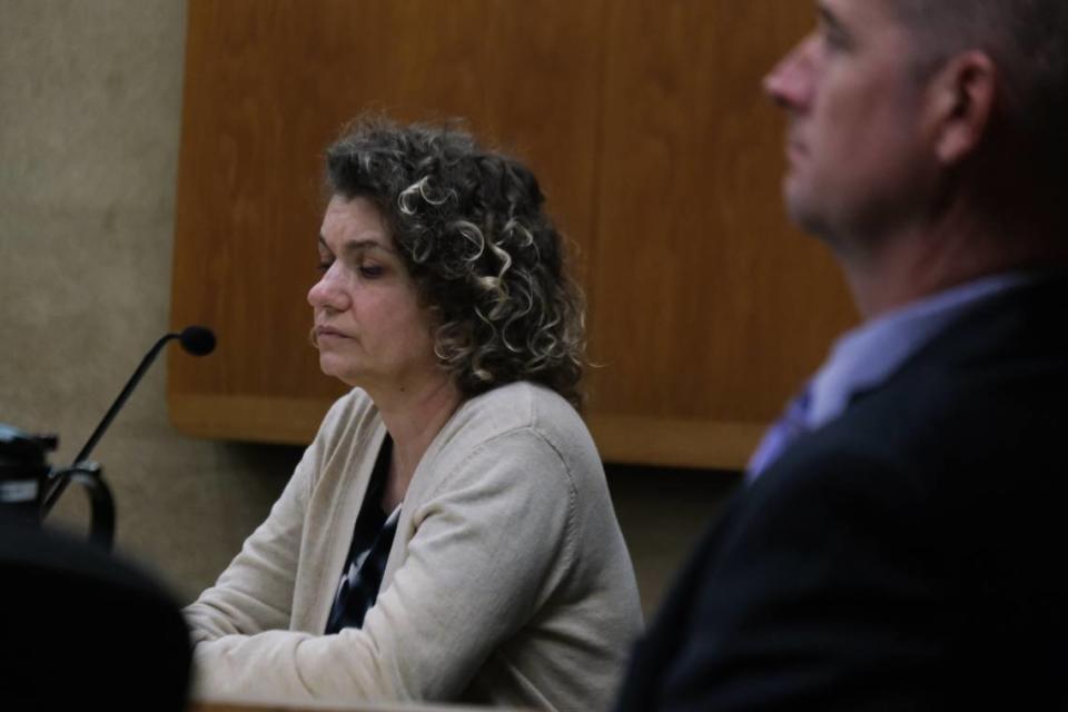 Brandi Turner listens tto closing arguments in the murder case against her in San Luis Obispo Superior Court on Jan. 18, 2024. Turner is accused of selling the fentanyl to Quinn Hall that killed him in 2022.