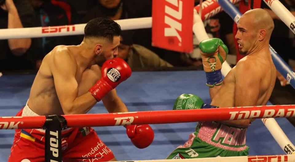 José Pedraza backs away from José Ramírez in the first round of their junior welterweight bout at the Save Mart Center on March 4, 2022.