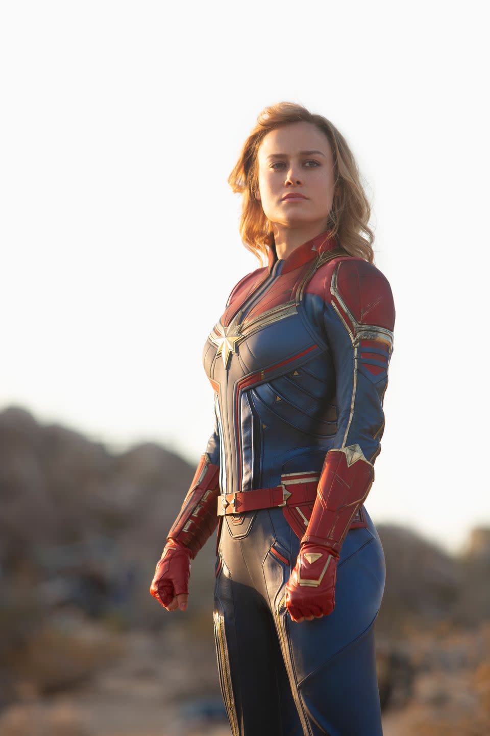 captain marvel, brie larson, red and blue suit