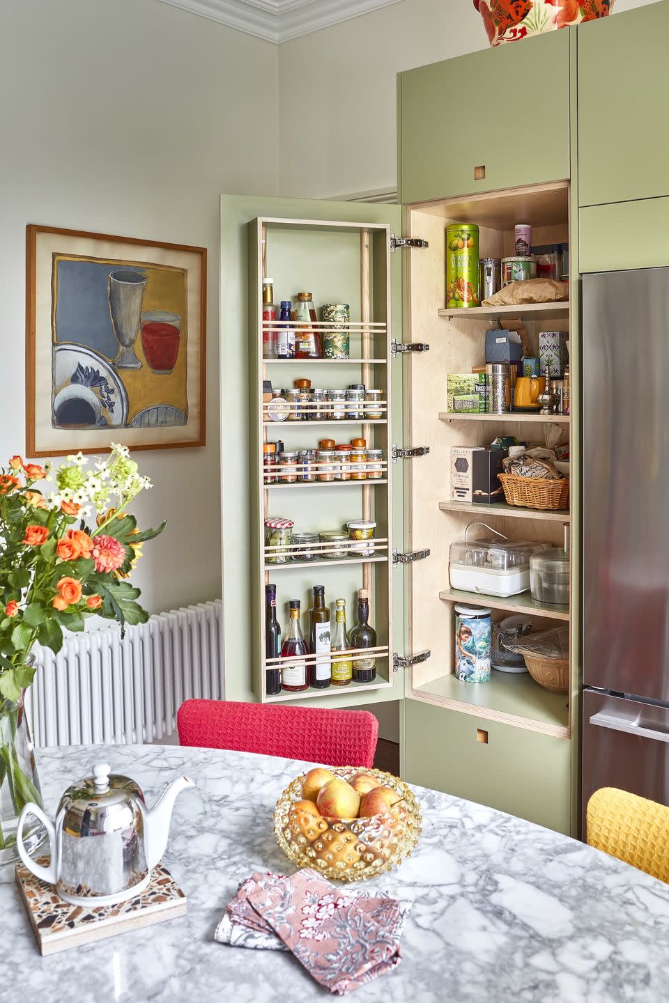 kitchen renovation makeover in a victorian flat in south london with uk made foresso worktops and sage green cabinets