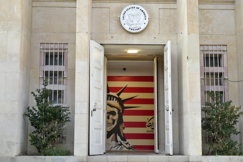 The entrance to the former U.S. Embassy, which has been turned into an anti-American museum, in Tehran on Aug. 19, 2023. (Vahid Salemi / AP file)