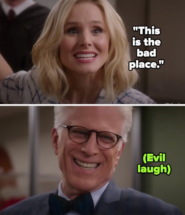 Eleanor says she realized as they were all fighting that this is torture, and that Michael and Sean will never take them to the bad place, because they're already there — michael lets out an evil laugh