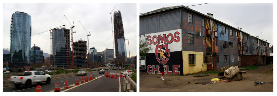 FILE - This file combo of two photos taken in June 2012, shows at left, the Costanera Center, a commercial real estate project in the Santiago, Chile's Providencia sector, one of the city's most expensive areas, and at right abandoned furniture sits outside an apartment building that also houses a popular sports club, Colo-Colo, that reads in Spanish "We are Chile" in Volcan, one of the capital's poorest neighborhoods in the Puente Alto sector. The efforts of Chile's President Sebastian Pinera to squeeze political advantage from his campaign to reduce poverty have backfired, opening him up to accusations that he distorted statistics to show progress on a campaign promise. (AP Photo/Victor Ruiz Caballero, File)