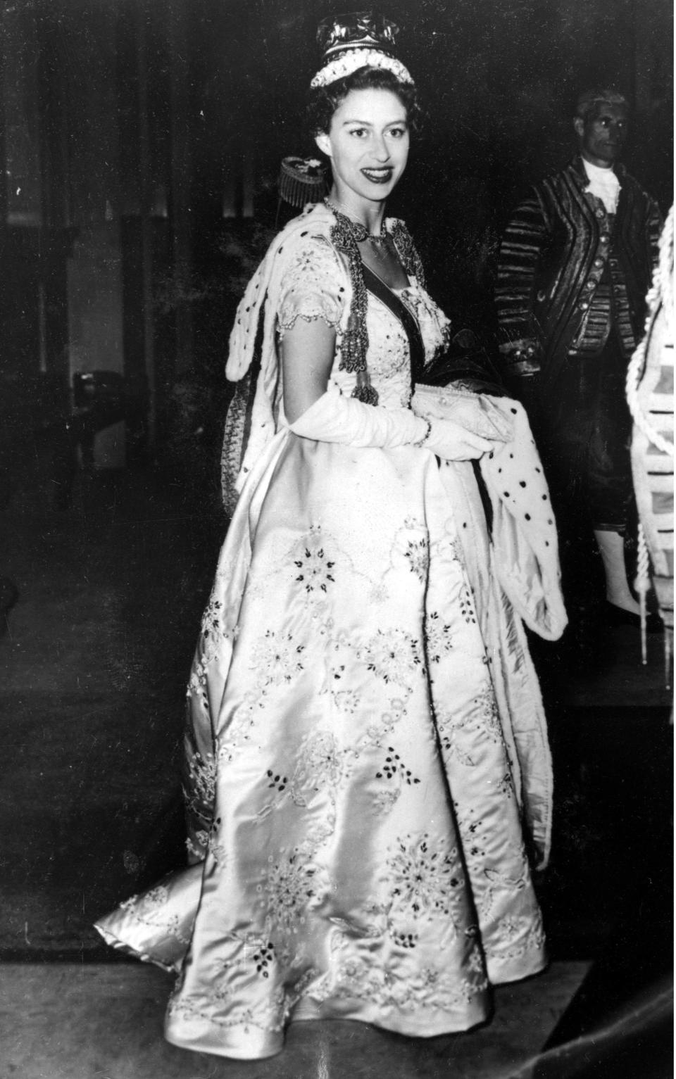 Princess Margaret wearing the dress created for her by Norman Hartnell - Rex