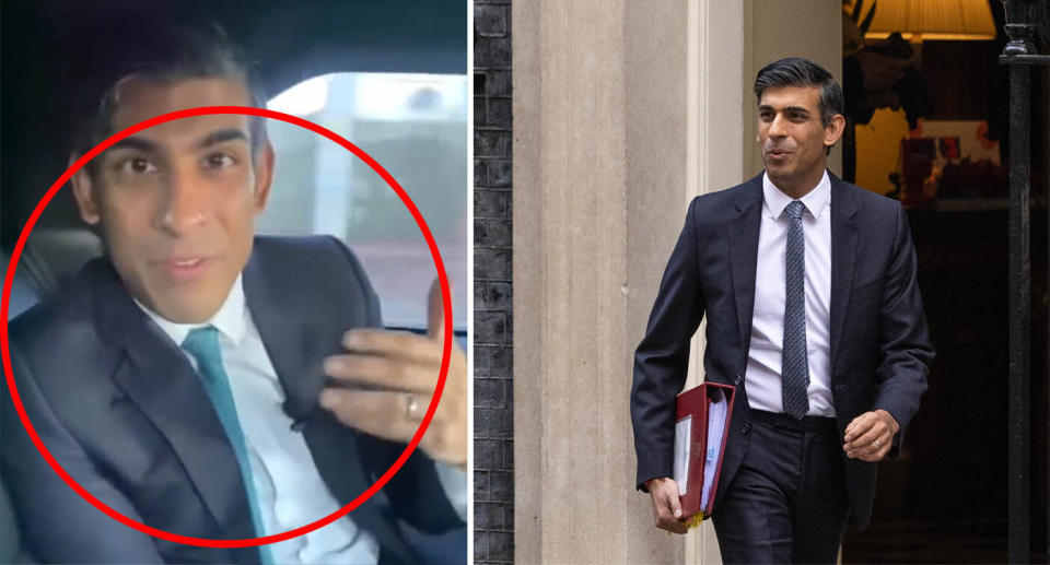 A photo of the British Prime Minister Rishi Sunak not wearing a seatbelt. Another photo of him walking and smiling.