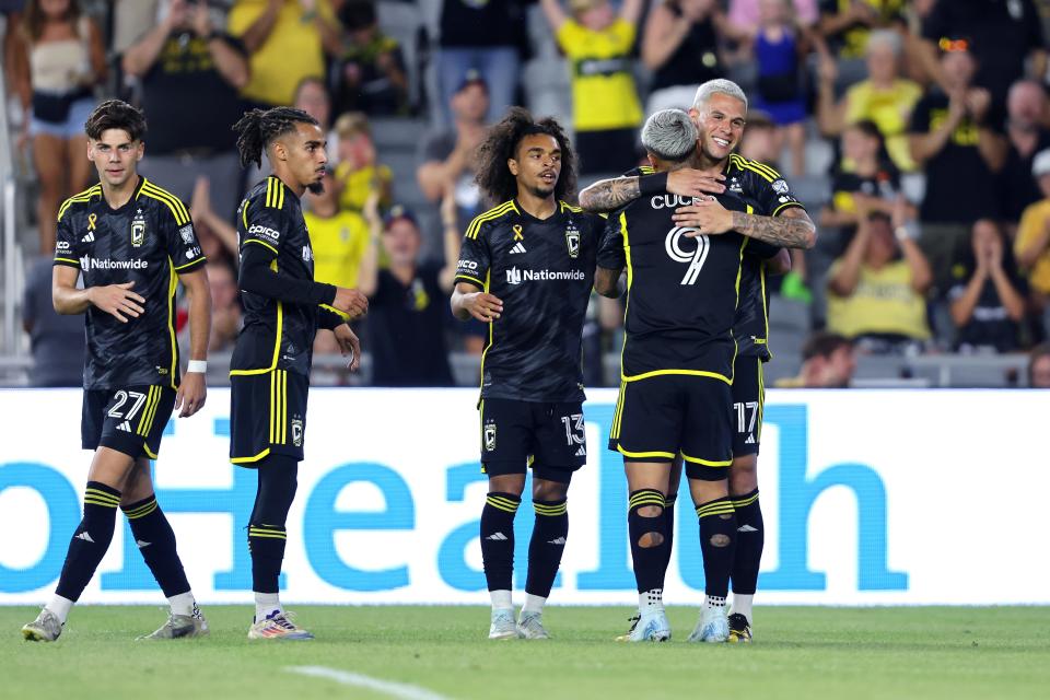 Sep 21, 2024; Columbus, Ohio, USA; Columbus Crew forward Christian Ramirez (17) celebrates his goal with Columbus Crew forward Cucho Hernandez (9) during the second half against the Orlando City at Lower.com Field. Mandatory Credit: Joseph Maiorana-Imagn Images