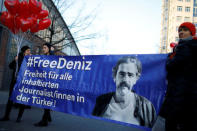 Protesters support arrested German-Turkish journalist Deniz Yucel in Berlin, Germany, February 14, 2018. REUTERS/Axel Schmidt