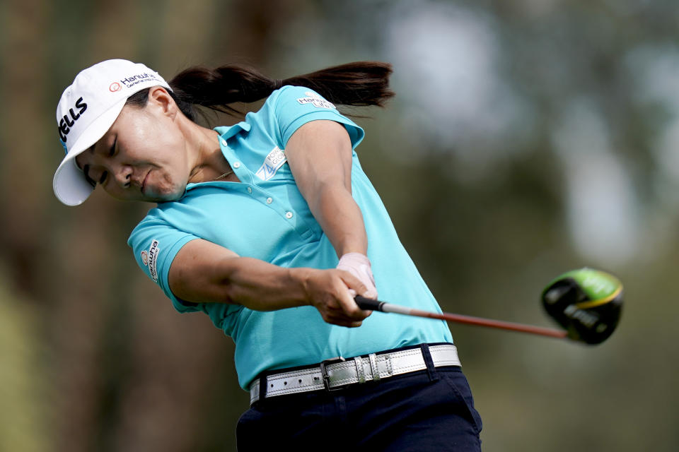 In-Kyung Kim, of South Korea, hits her tee shot on the third hole during the third round of the LPGA Tour ANA Inspiration golf tournament at Mission Hills Country Club, Saturday, April 6, 2019, in Rancho Mirage, Calif. (AP Photo/Chris Carlson)
